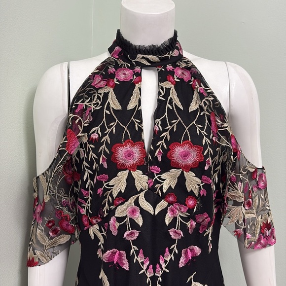 Shoshanna Midnight Sausalito Black Mesh Floral Cold Shoulder High Neck Gown 10 - Picture 3 of 7